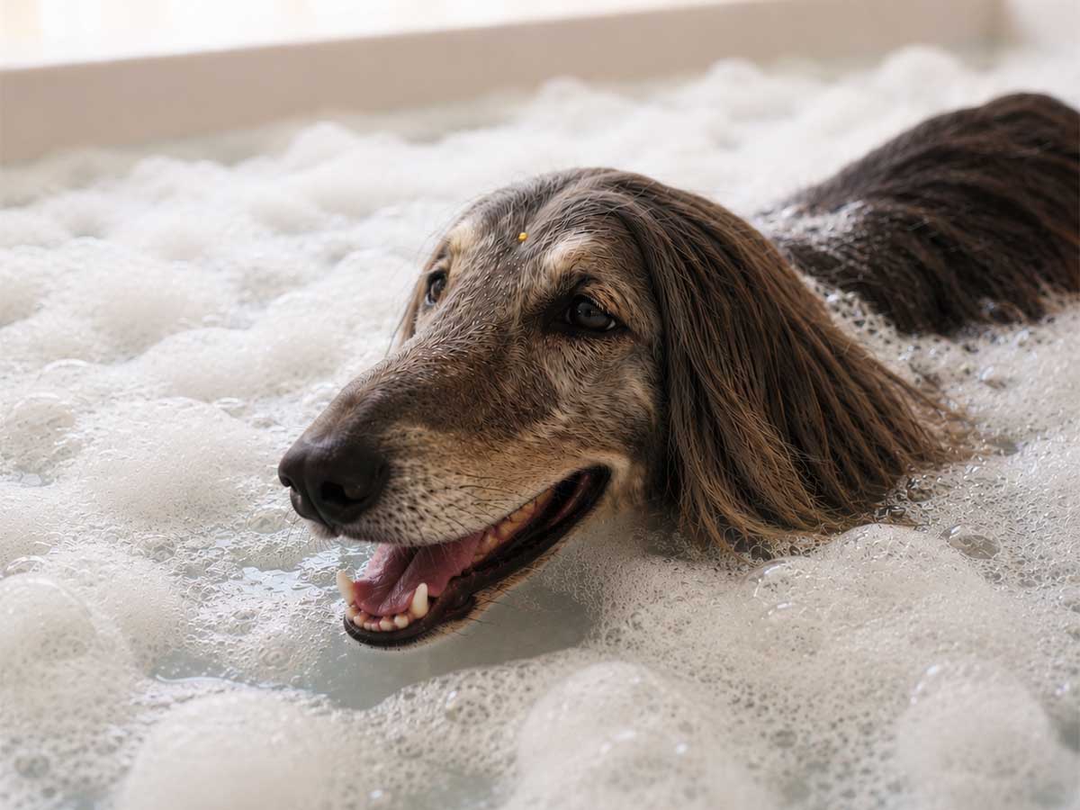 Perro disfrutando el hidromasaje con aromaterapia en SpaceVibes Grooming, Bayamón